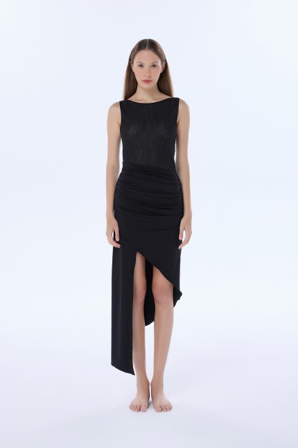 ally black lace asymmetric dress