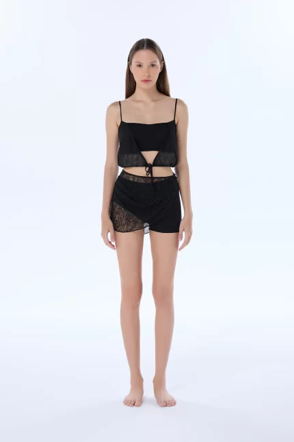 gia black lace asymmetric shorts
