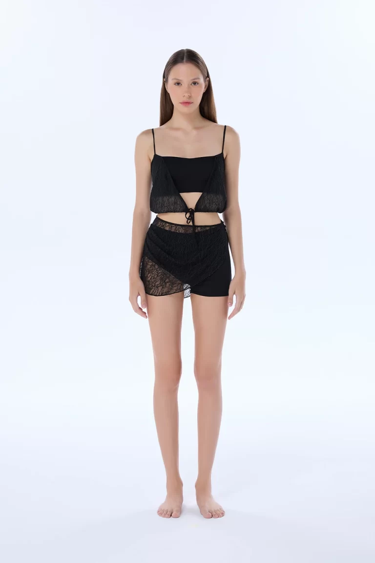 gia black lace asymmetric shorts